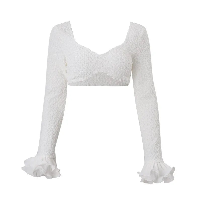 Conjunto de Ropa de Mujer Otoño 2026: Top de Manga Larga con Escote Cruzado y Falda con Borde Ondulado, Estilo Sexy y Elegante