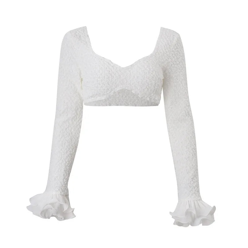 Conjunto de Ropa de Mujer Otoño 2026: Top de Manga Larga con Escote Cruzado y Falda con Borde Ondulado, Estilo Sexy y Elegante